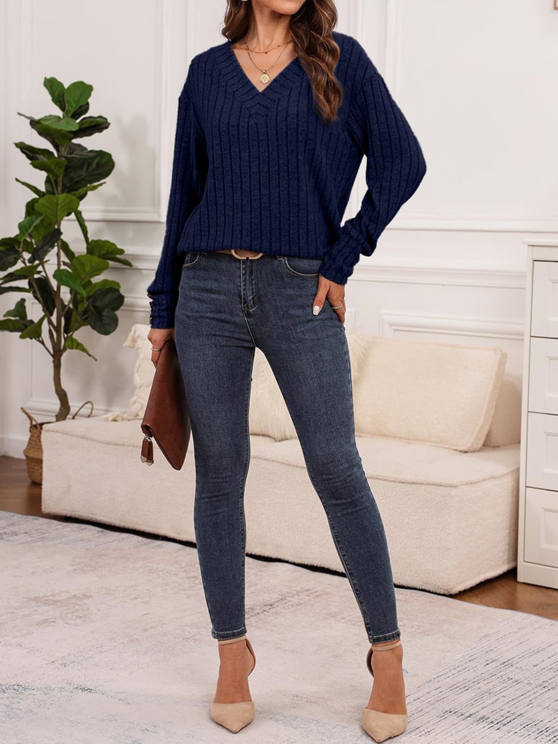 Ribbed V-Neck Long Sleeve T-Shirt-Angel Casuals