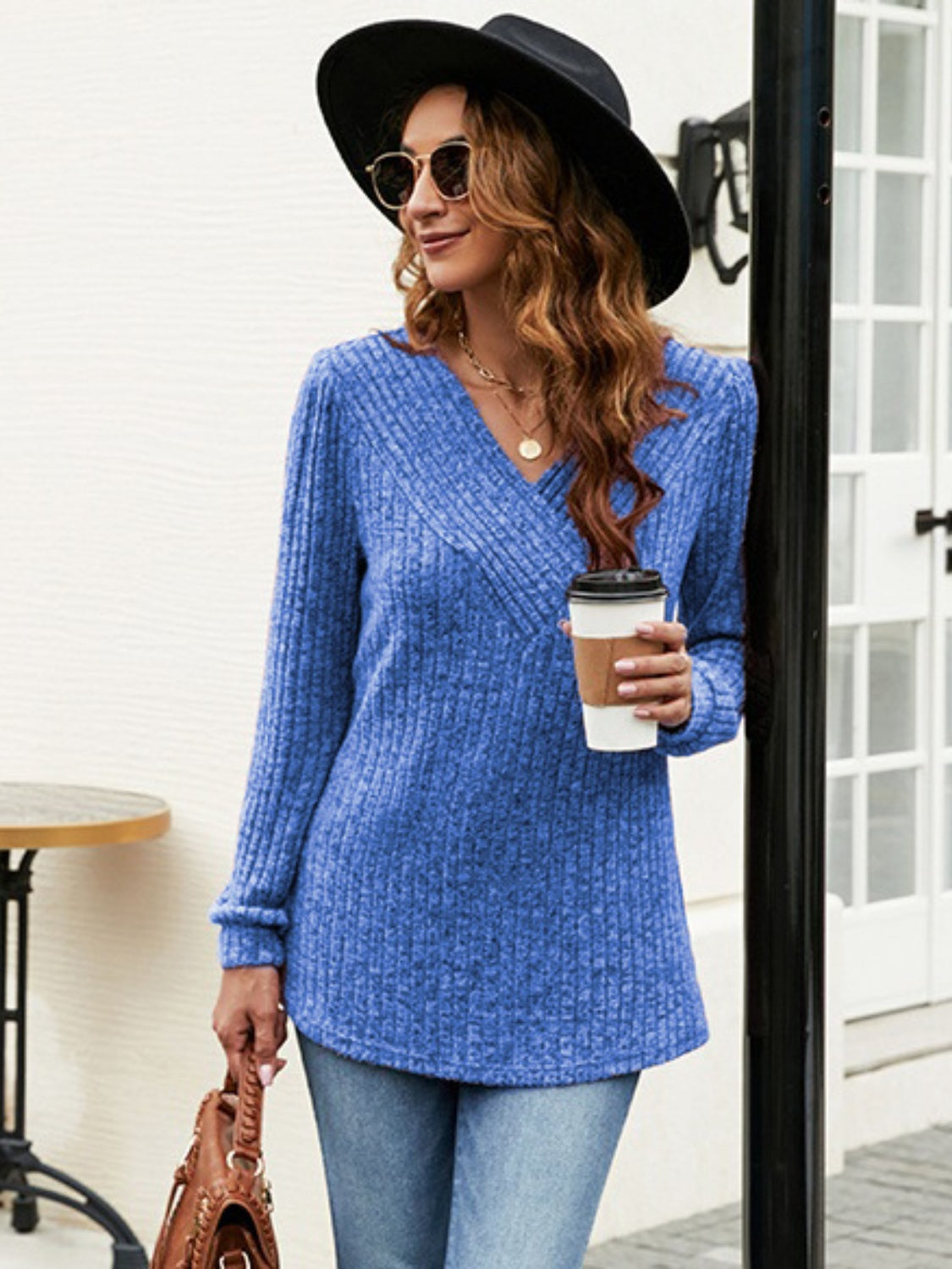 Ribbed Surplice Long Sleeve T-Shirt-Angel Casuals