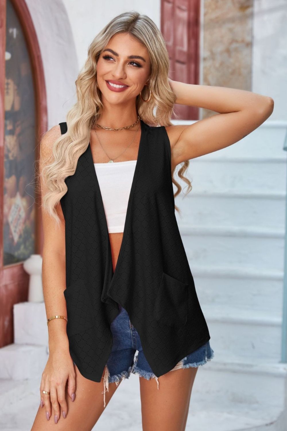 Eyelet Open Front Sleeveless Cardigan-Angel Casuals