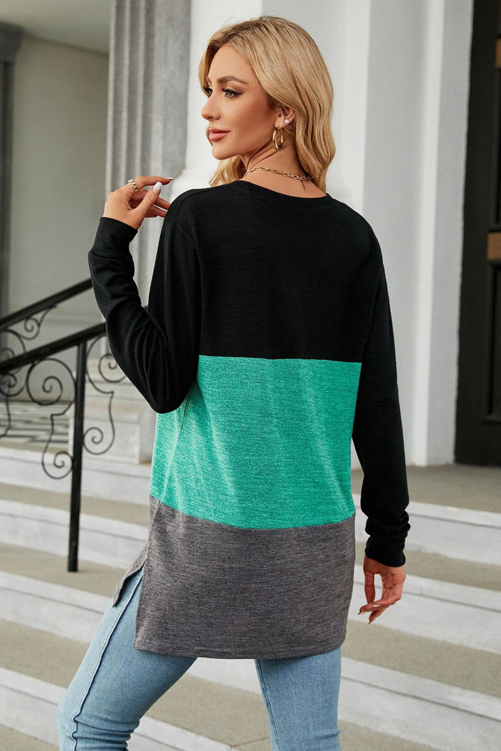 Color Block Round Neck Long Sleeve Slit T-Shirt-Angel Casuals