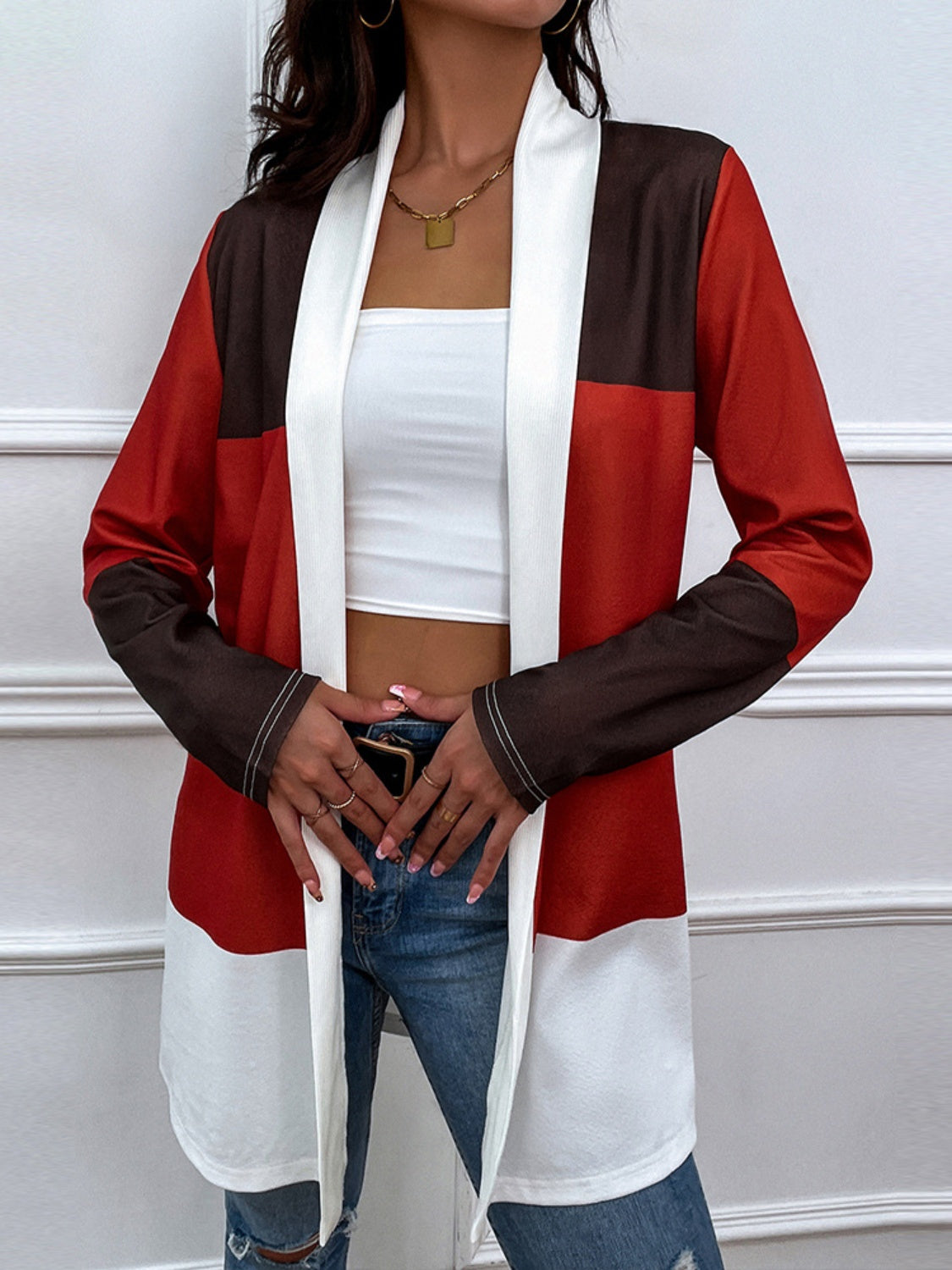 Shiny Color Block Open Front Cardigan-Angel Casuals