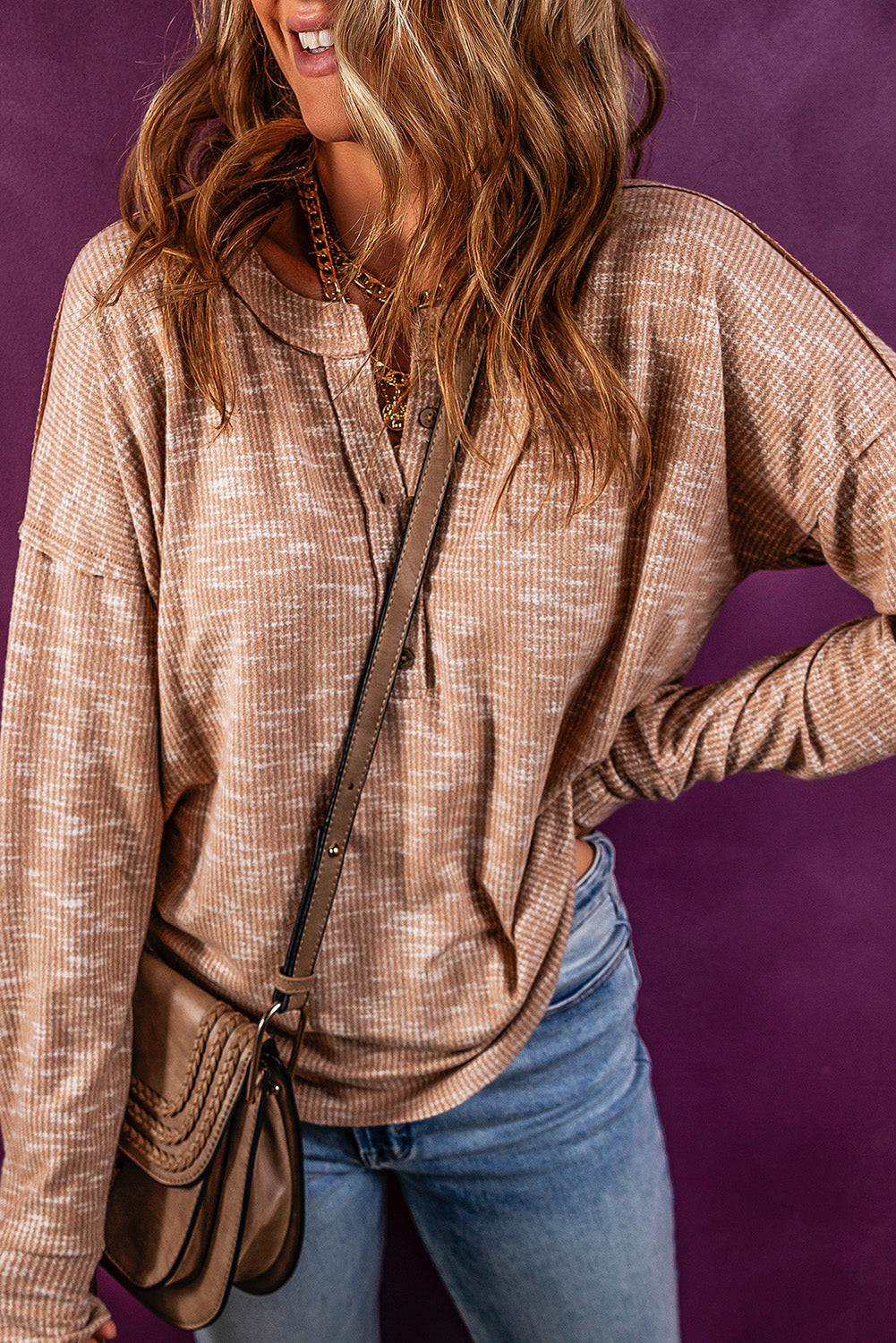 Half Button Dropped Shoulder Long Sleeve T-Shirt-Angel Casuals