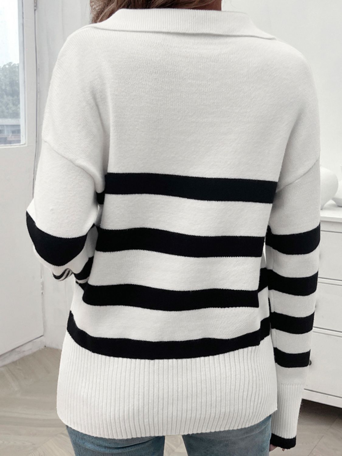 Devine Striped Collared Neck Long Sleeve Sweater-Angel Casuals