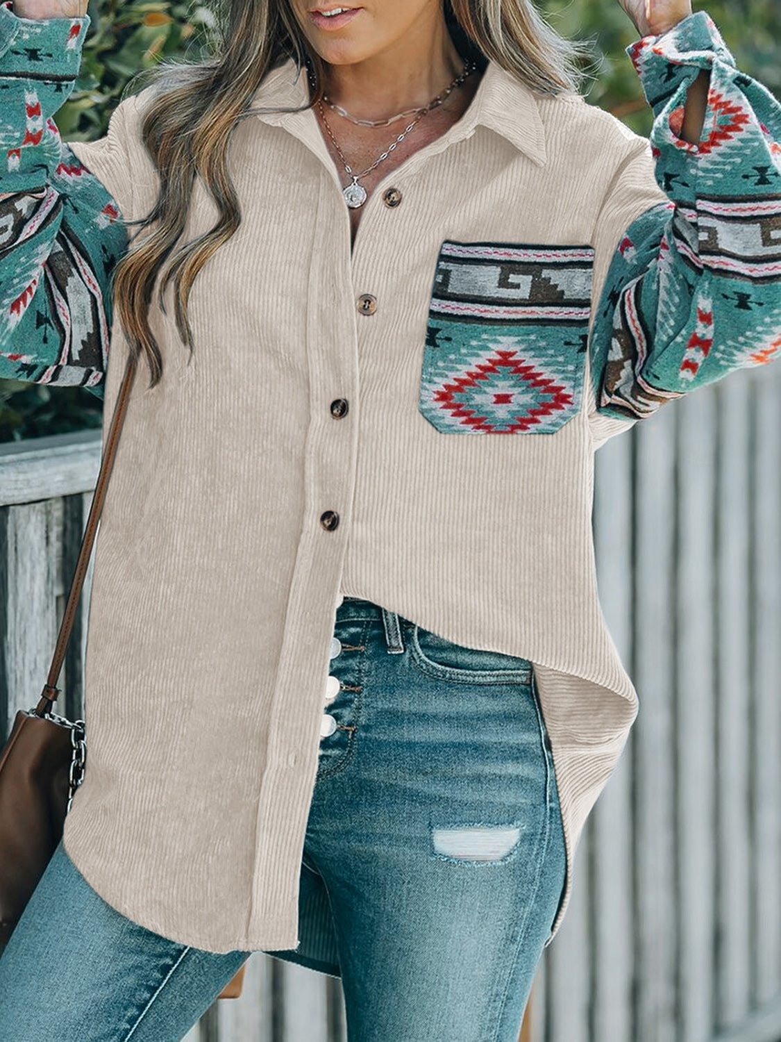 Perfee Pocketed Geometric Collared Neck Shacket-Angel Casuals