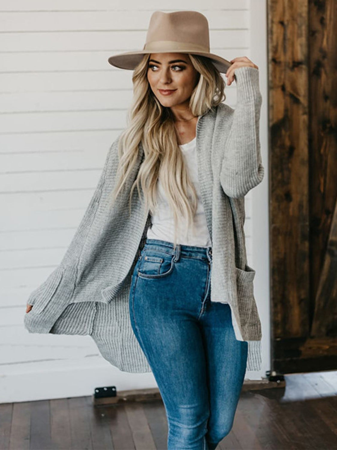 High-Low Open Front Cardigan with Pockets-Angel Casuals