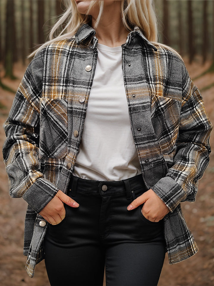 Plaid Snap Down Long Sleeve Shacket-Angel Casuals