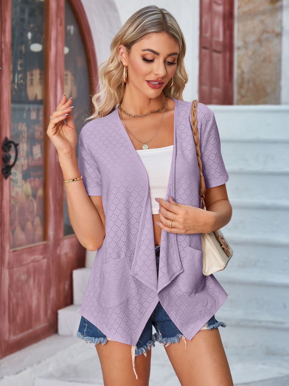 Eyelet Open Front Short Sleeve Cover Up-Angel Casuals