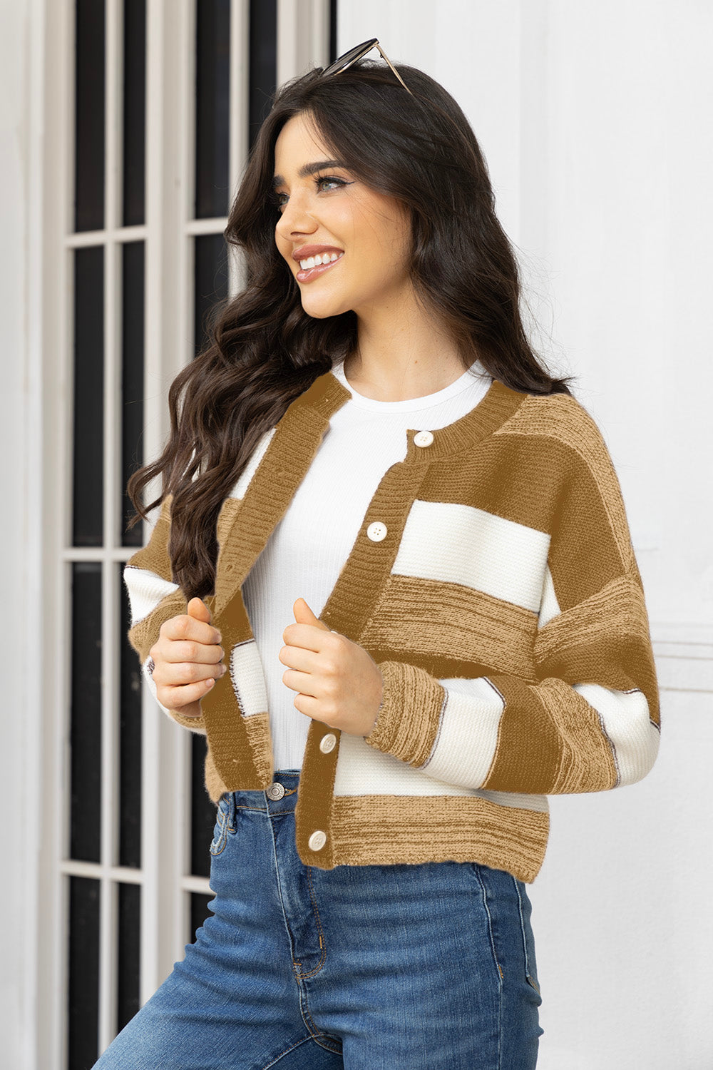Striped Button Up Long Sleeve Cardigan-Angel Casuals