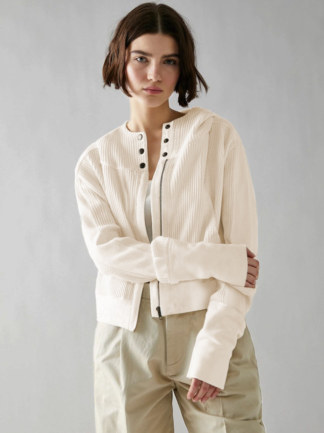 Waffle-Knit Dropped Shoulder Hooded Jacket-Angel Casuals