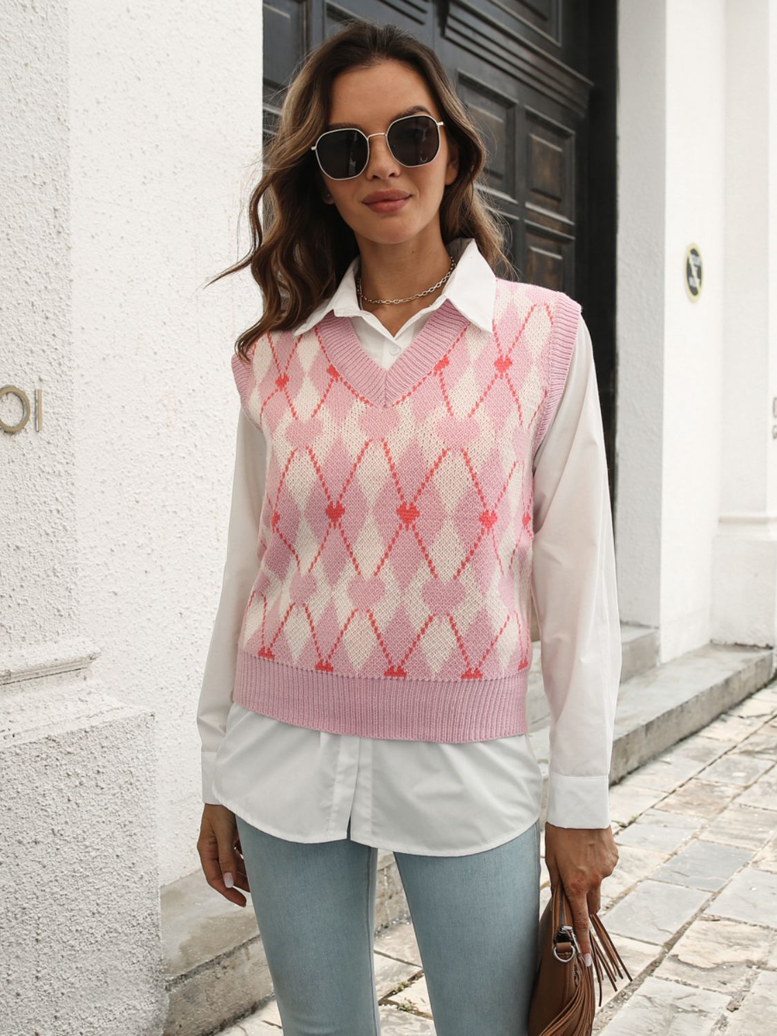 Geometric V-Neck Sweater Vest-Angel Casuals