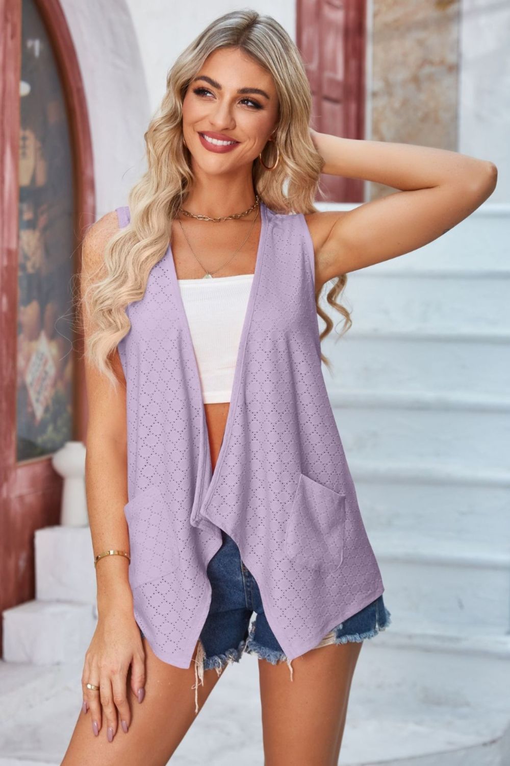 Eyelet Open Front Sleeveless Cardigan-Angel Casuals