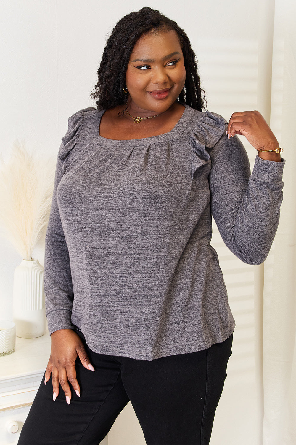 Double Take Square Neck Ruffle Shoulder Long Sleeve T-Shirt-Angel Casuals