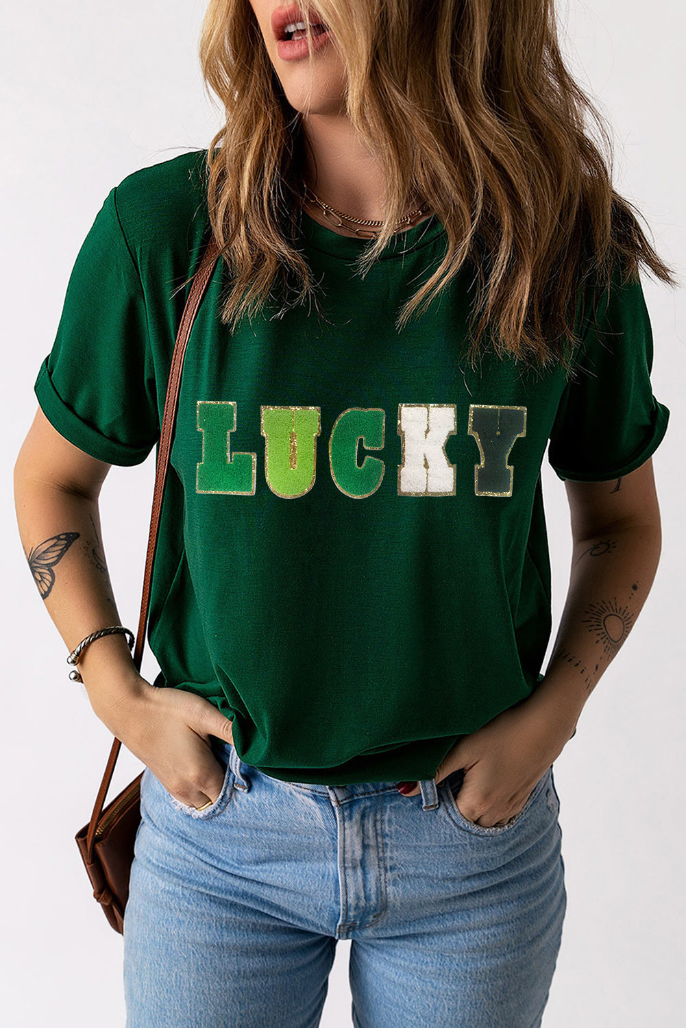 LUCKY Round Neck Short Sleeve T-Shirt-Angel Casuals