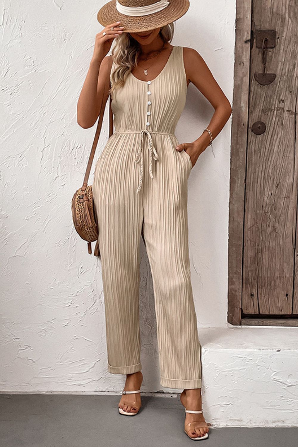 Textured Sleeveless Jumpsuit with Pockets-Angel Casuals
