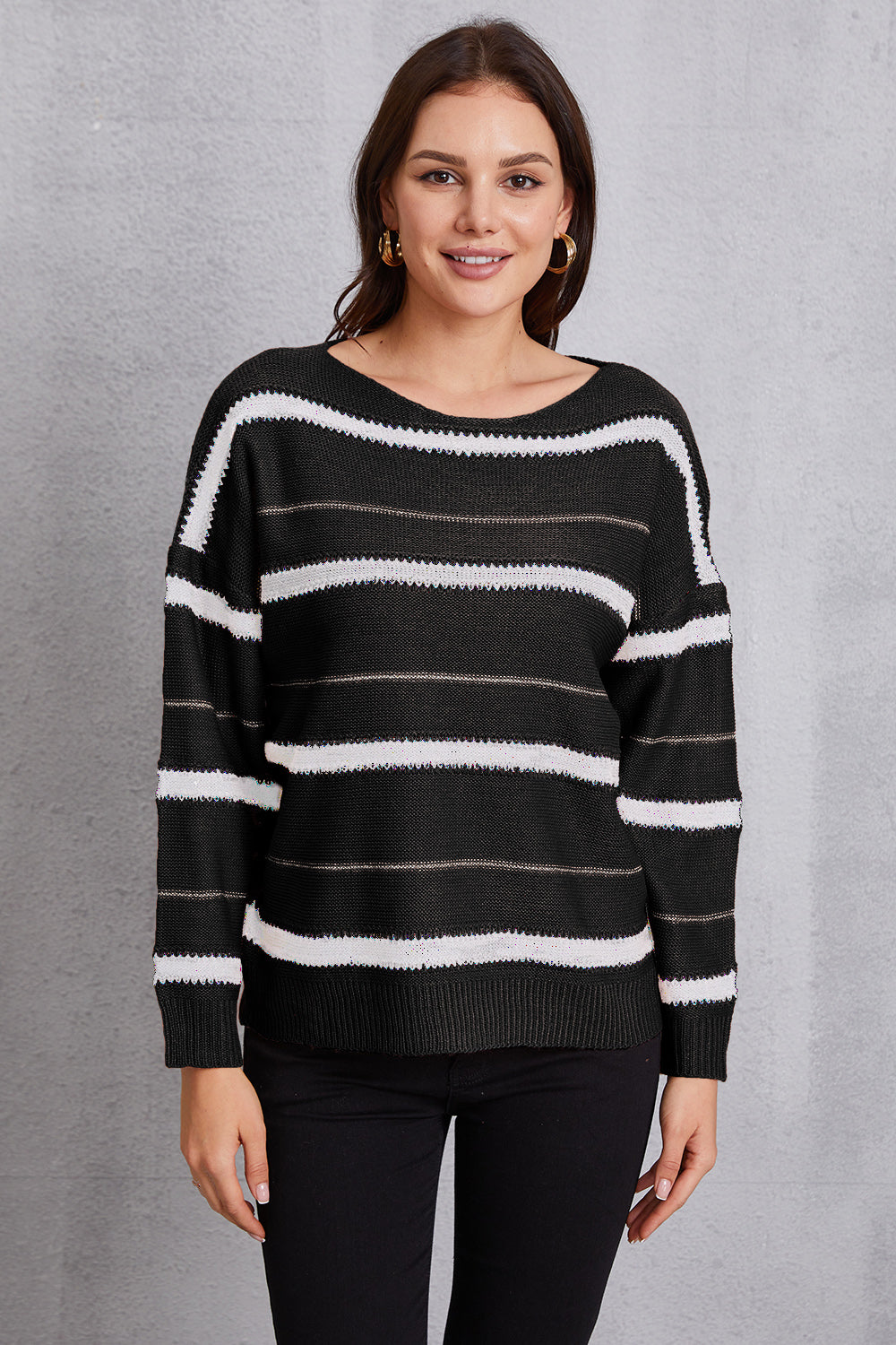 Striped Round Neck Dropped Shoulder Sweater-Angel Casuals