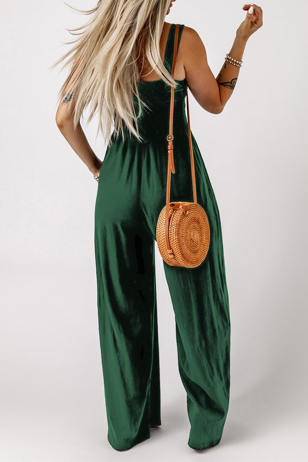 Smocked Square Neck Wide Leg Jumpsuit with Pockets-Angel Casuals