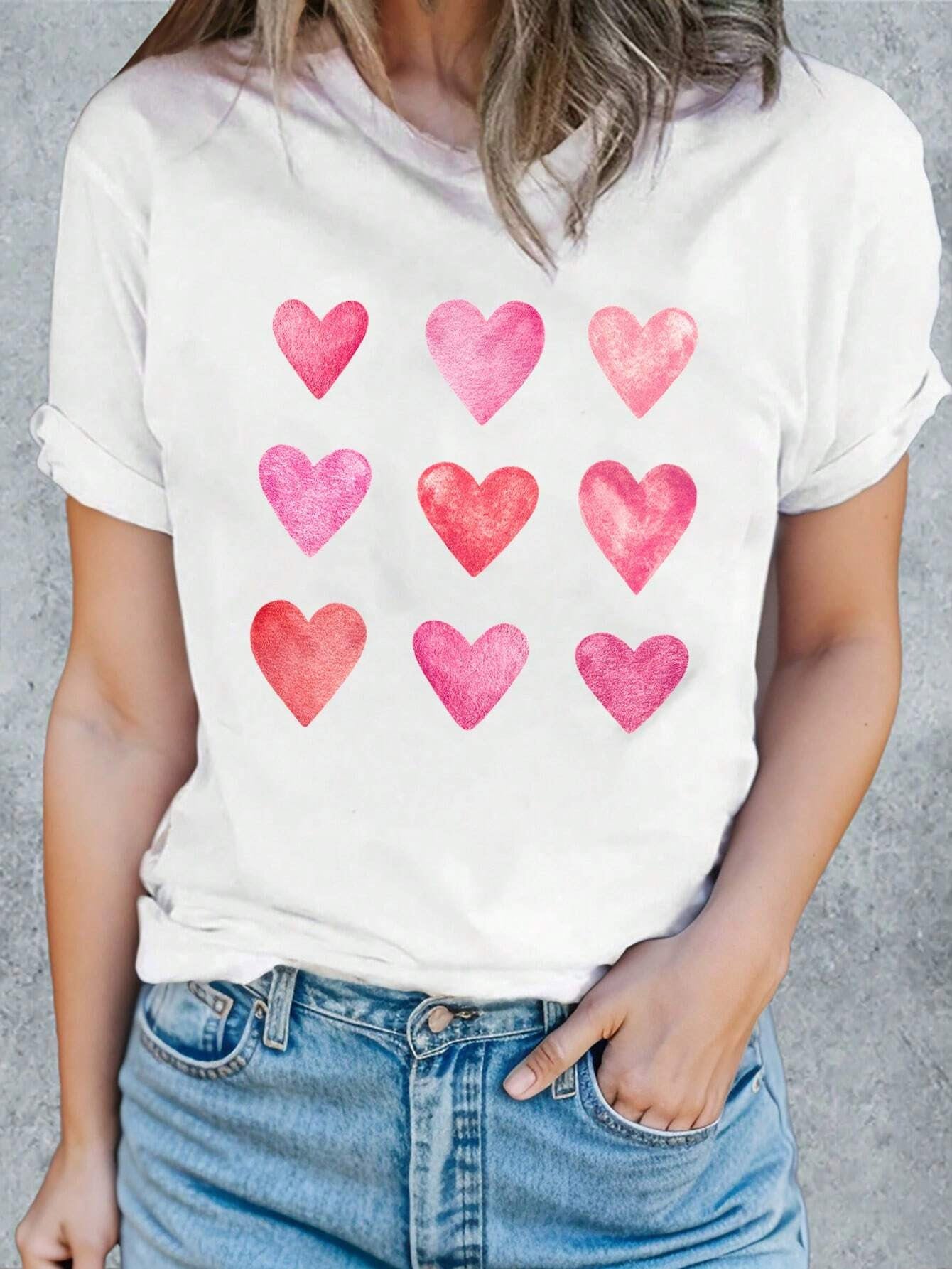 Heart Round Neck Short Sleeve T-Shirt-Angel Casuals