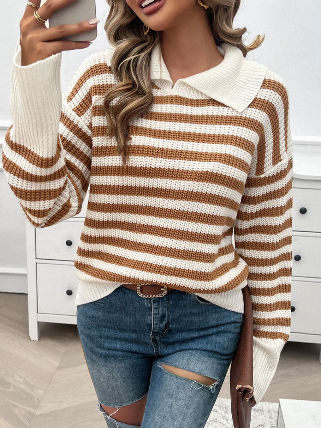 Devine Striped Collared Neck Long Sleeve Sweater-Angel Casuals