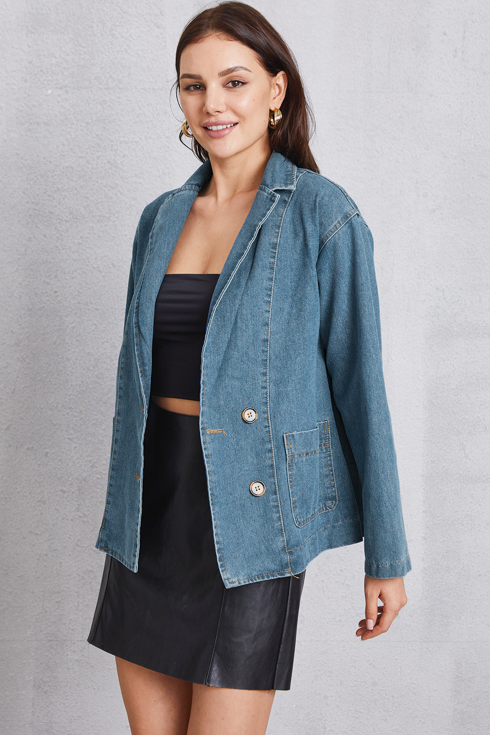 Pocketed Button Up Denim Jacket-Angel Casuals