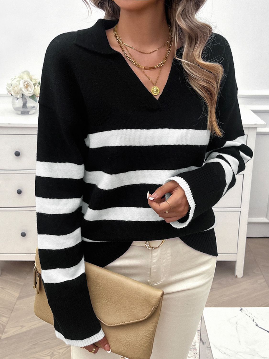 Devine Striped Collared Neck Long Sleeve Sweater-Angel Casuals