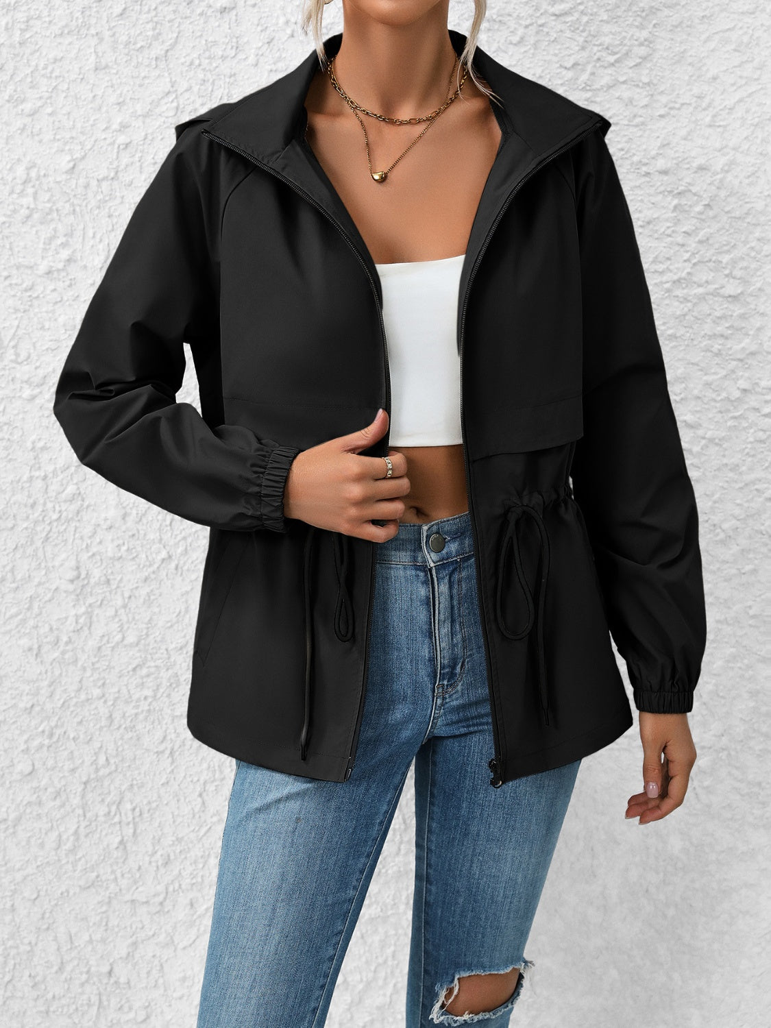 Ivy Lane Drawstring Zip Up Hooded Jacket-Angel Casuals
