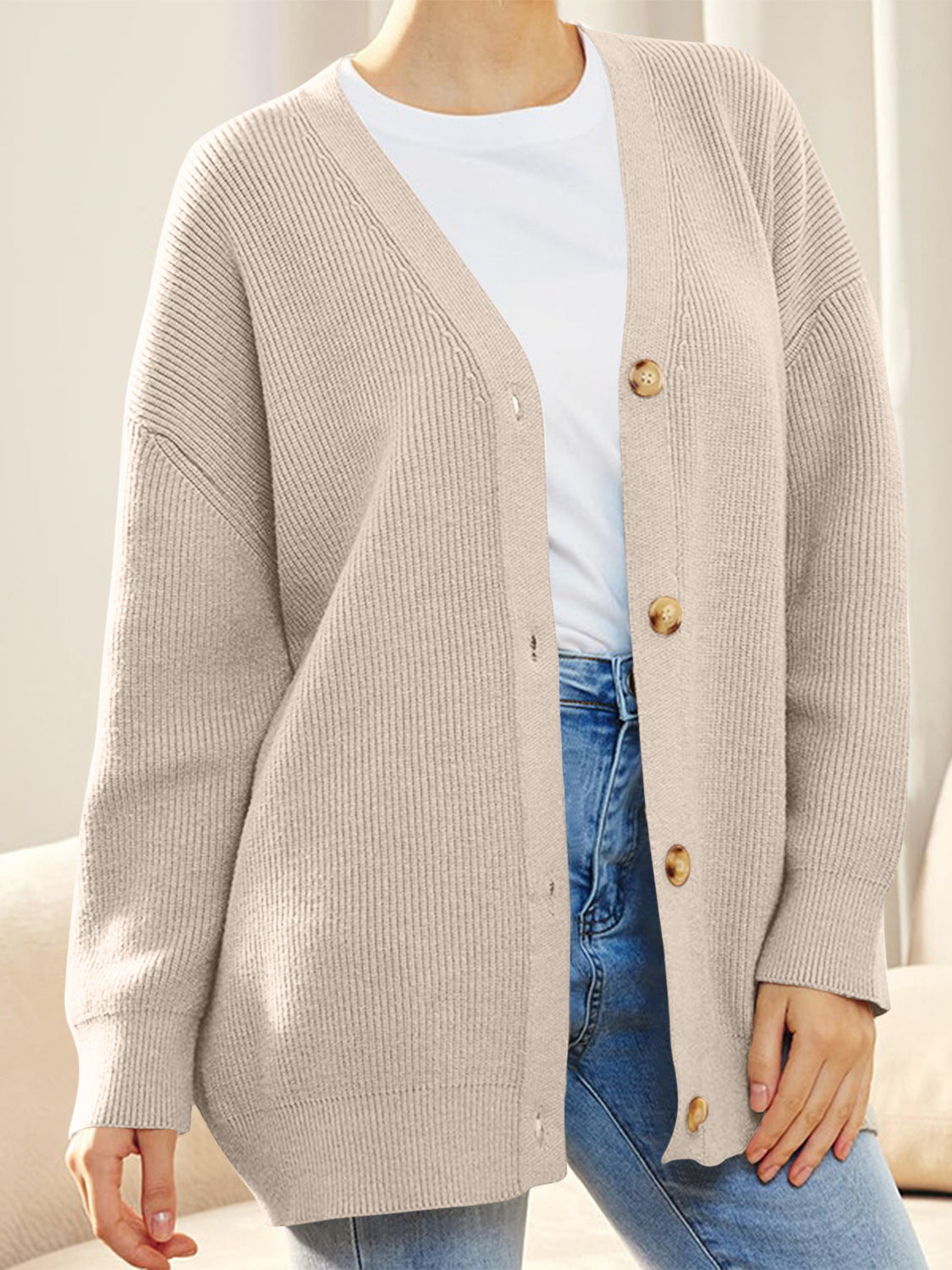 Button Down V-Neck Long Sleeve Cardigan-Angel Casuals