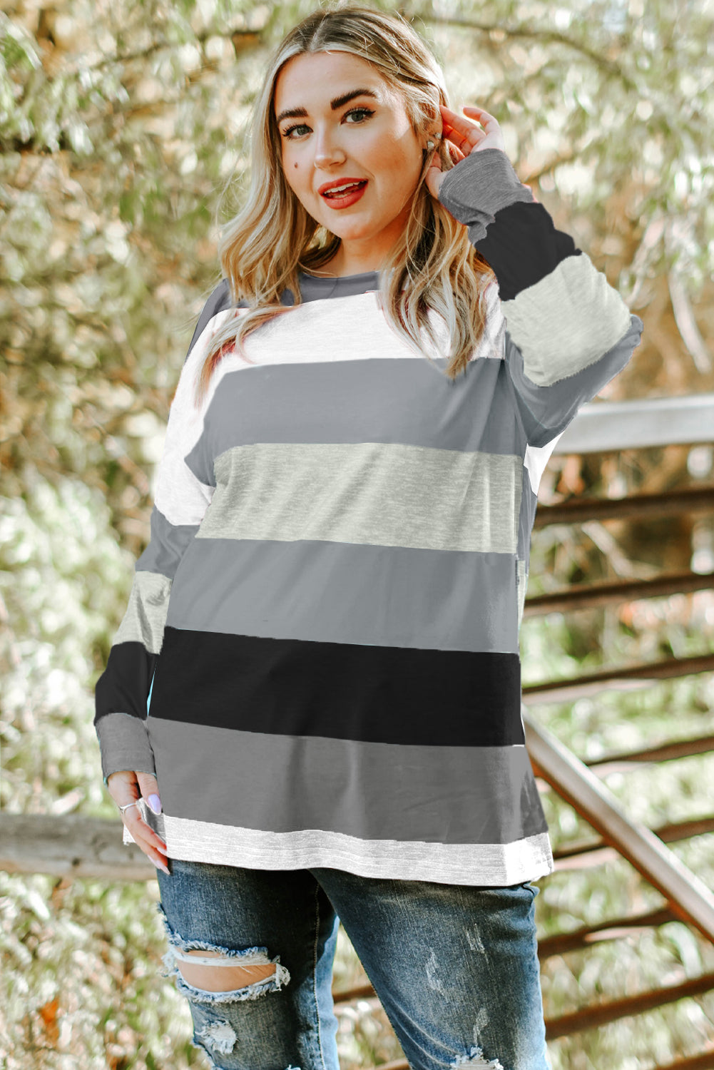 Plus Size Striped Slit Long Sleeve T-Shirt-Angel Casuals