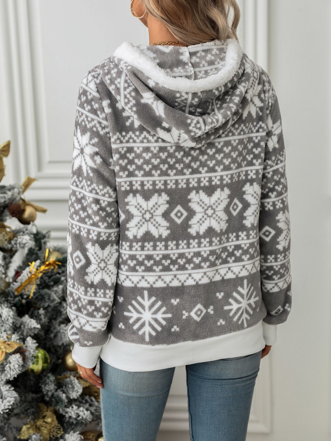 Drawstring Snowflake Zip Up Hooded Outerwear-Angel Casuals