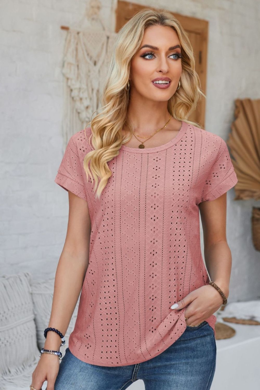 Eyelet Round Neck Rolled Short Sleeve T-Shirt-Angel Casuals