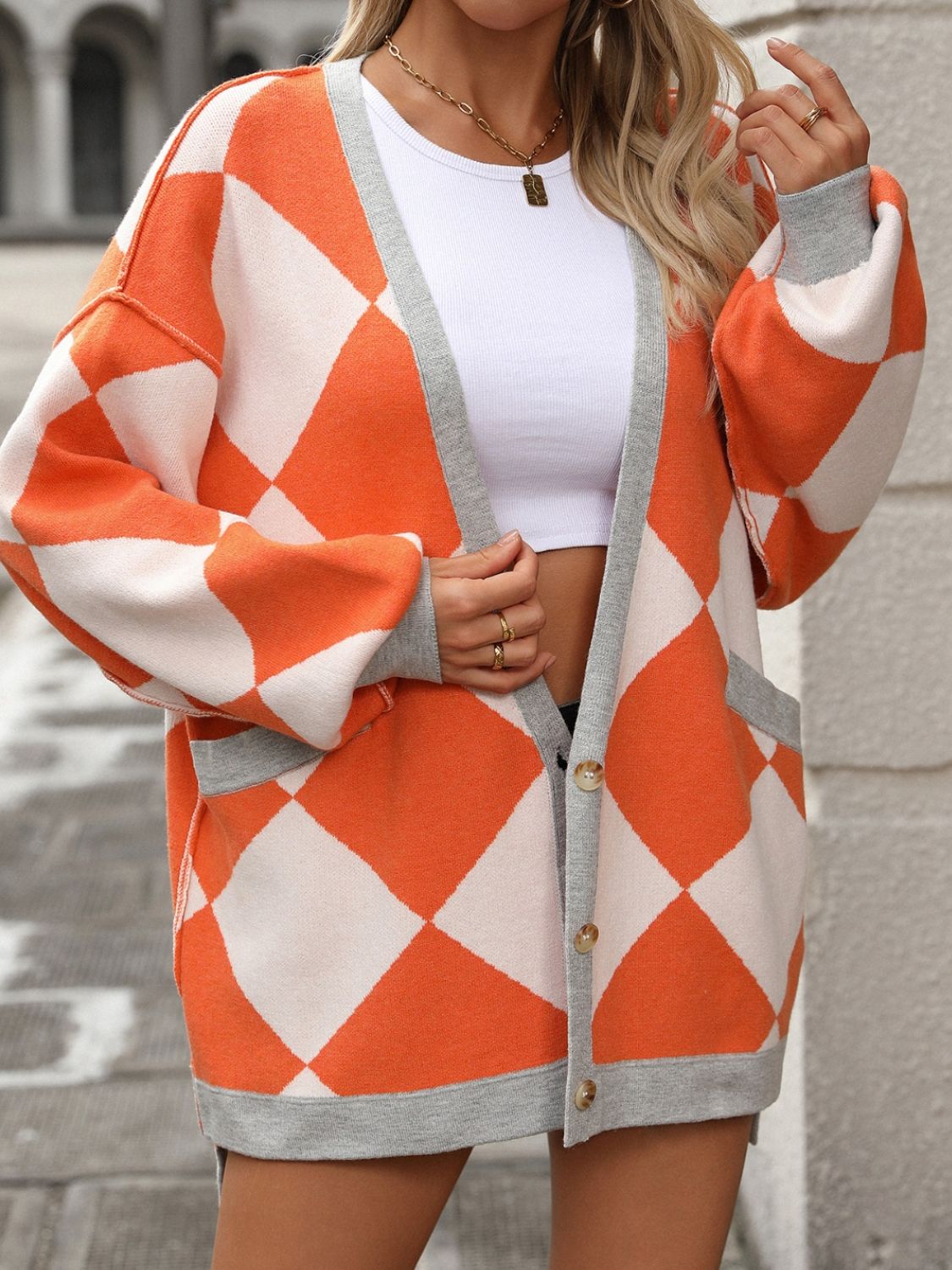 Checkered Dropped Shoulder Long Sleeve Cardigan-Angel Casuals