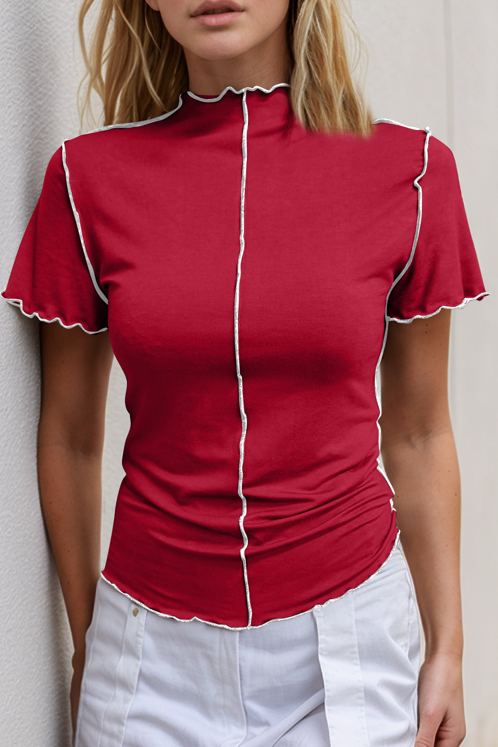 Basic Bae Contrast Trim Mock Neck Short Sleeve T-Shirt-Angel Casuals