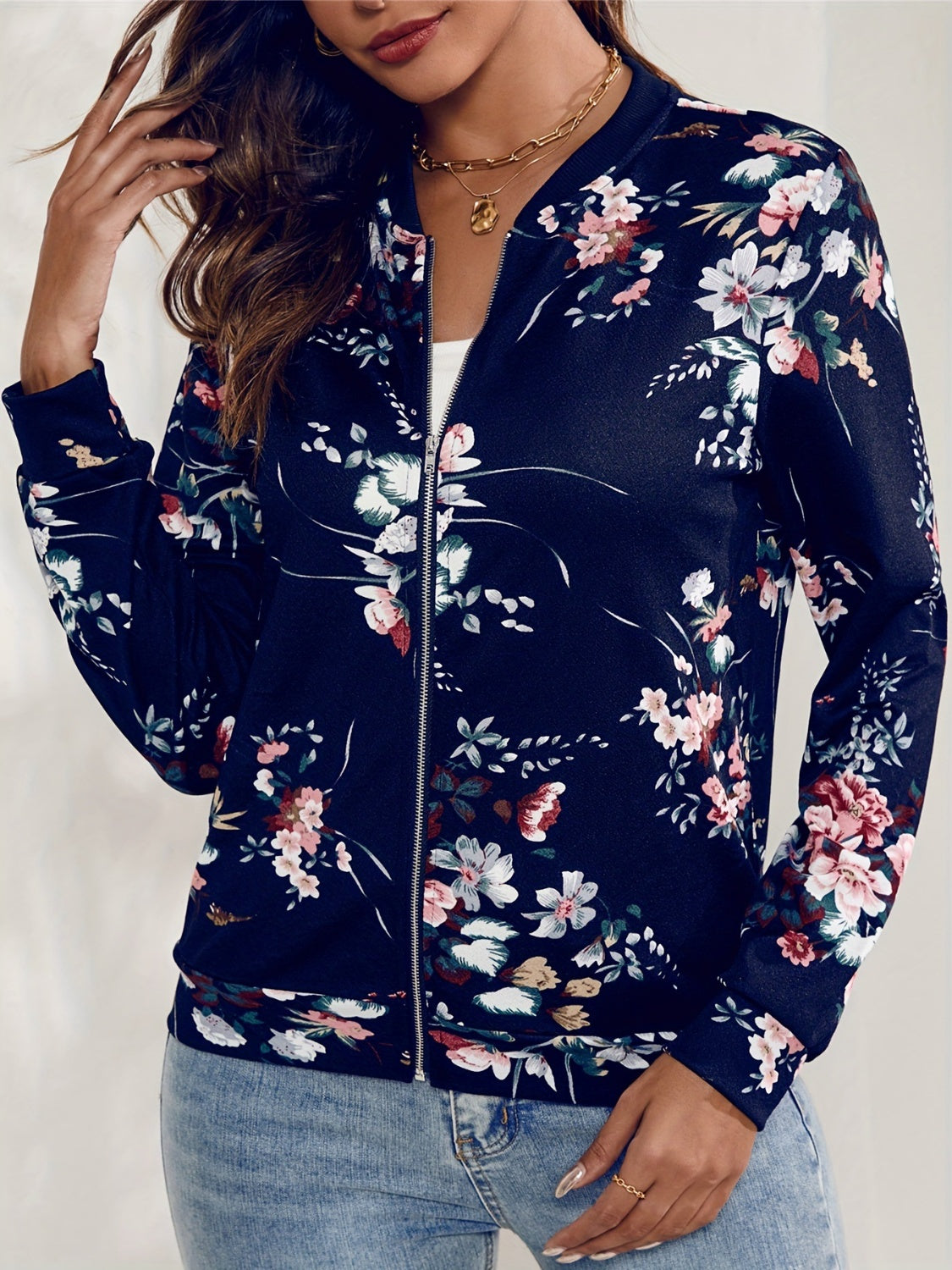 Printed Zip Up Long Sleeve Outerwear-Angel Casuals