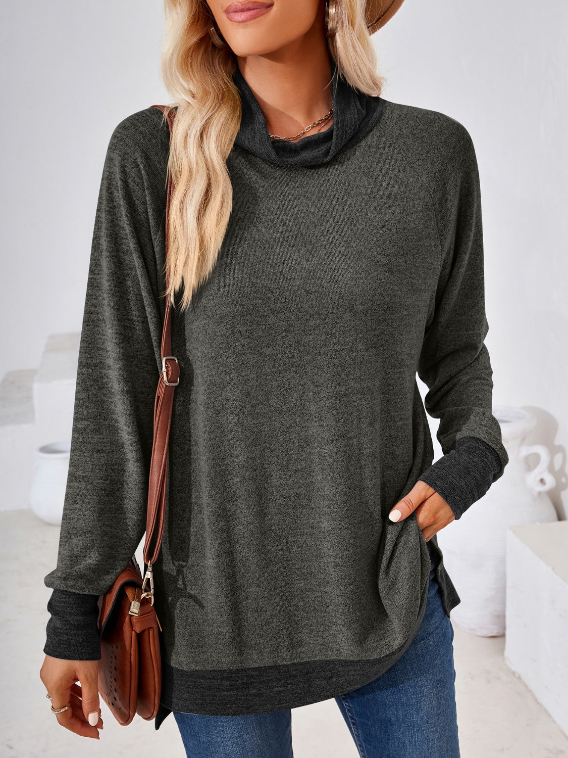 Contrast Mock Neck Long Sleeve T-Shirt-Angel Casuals