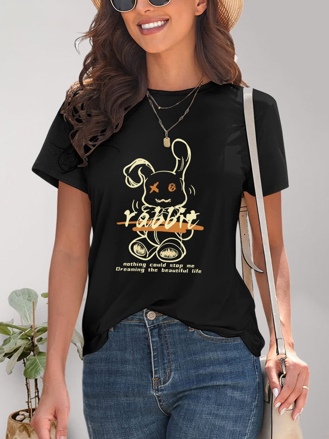 Rabbit Graphic Round Neck Short Sleeve T-Shirt-Angel Casuals
