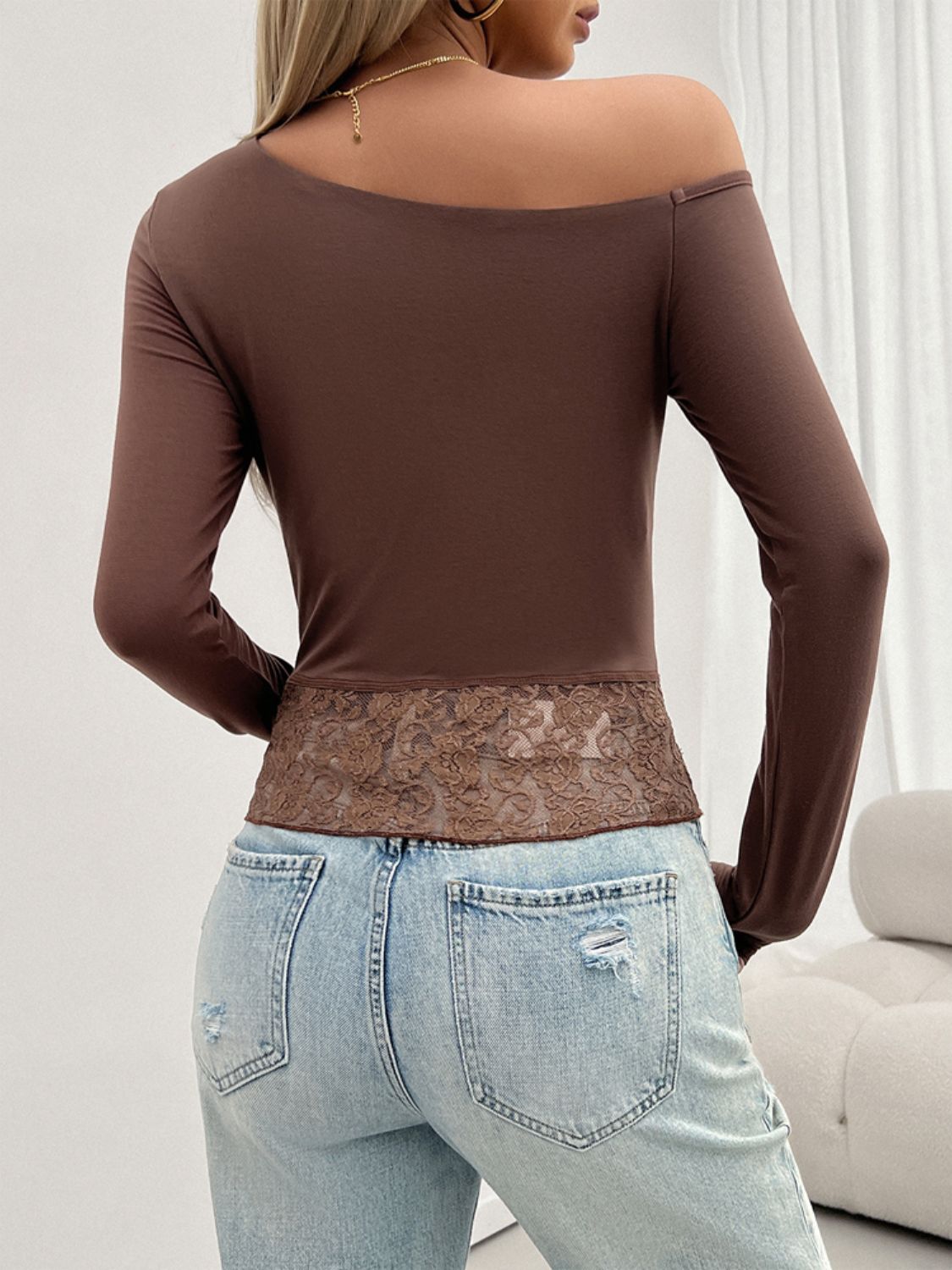 Devine Single Shoulder Long Sleeve Lace T-Shirt-Angel Casuals