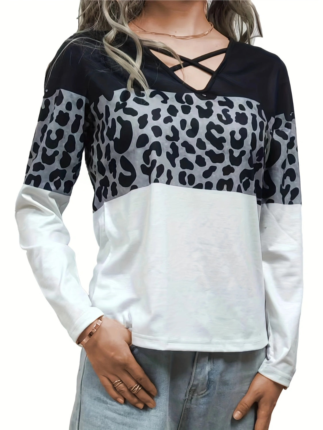 Crisscross Color Block Long Sleeve T-Shirt-Angel Casuals