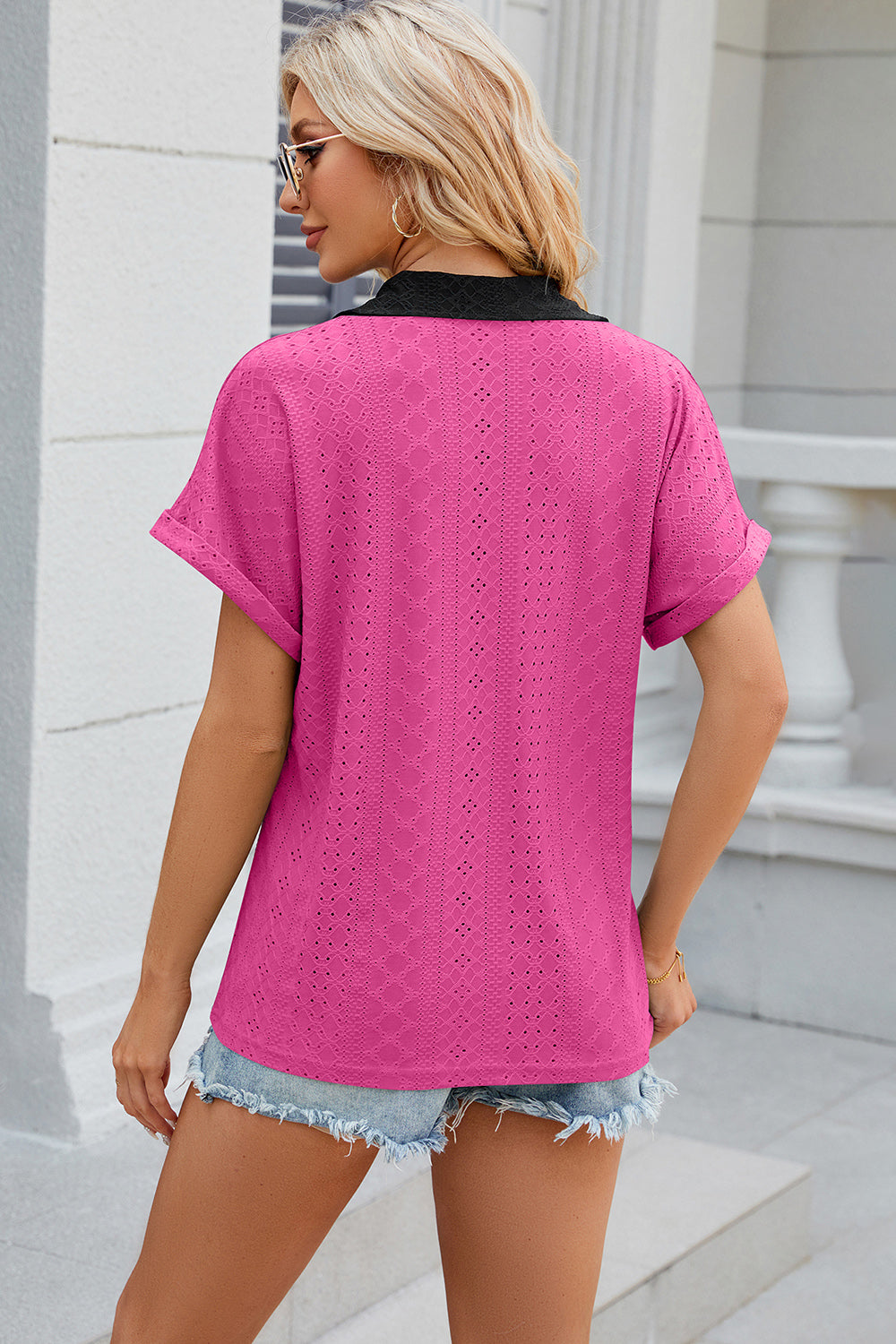 Eyelet Johnny Collar Short Sleeve T-Shirt-Angel Casuals