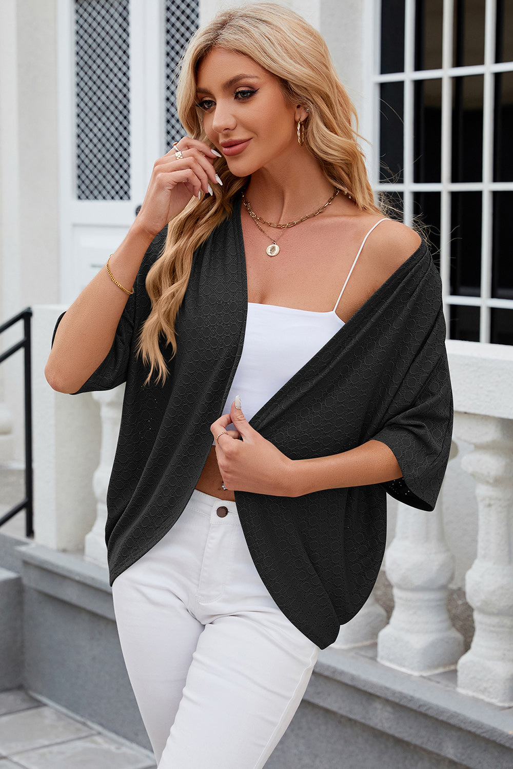 Eyelet Open Front Half Sleeve Cardigan-Angel Casuals