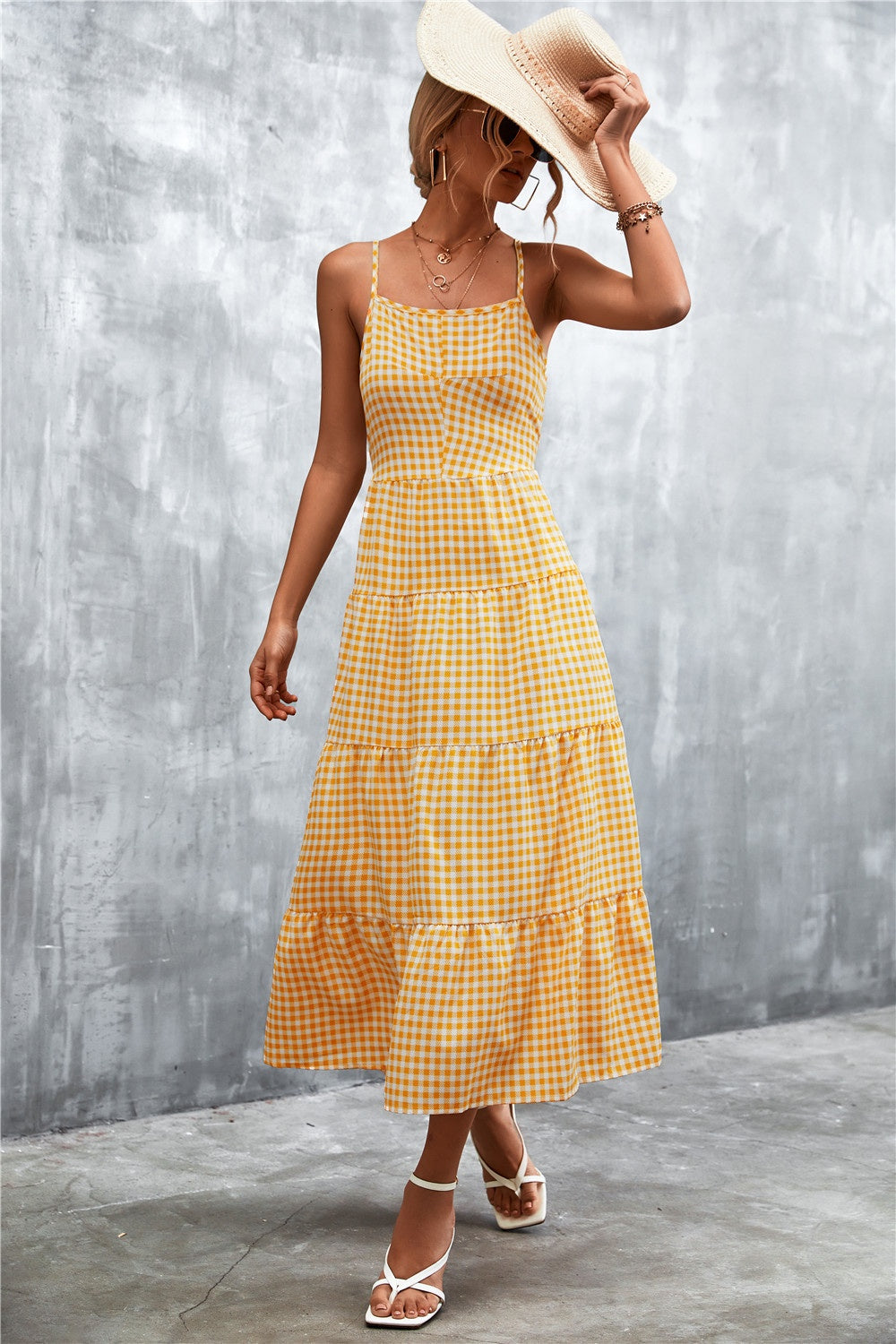 Plaid Square Neck Midi Cami Dress-Angel Casuals
