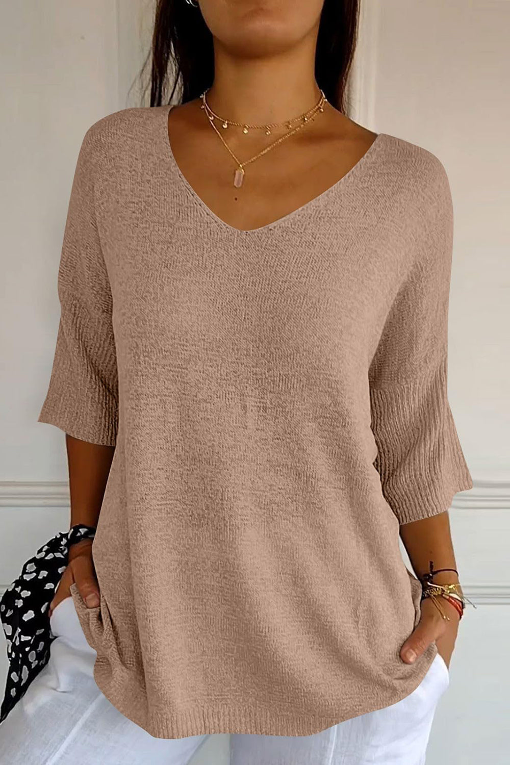 V-Neck Three-Quarter Sleeve Knit Top-Angel Casuals