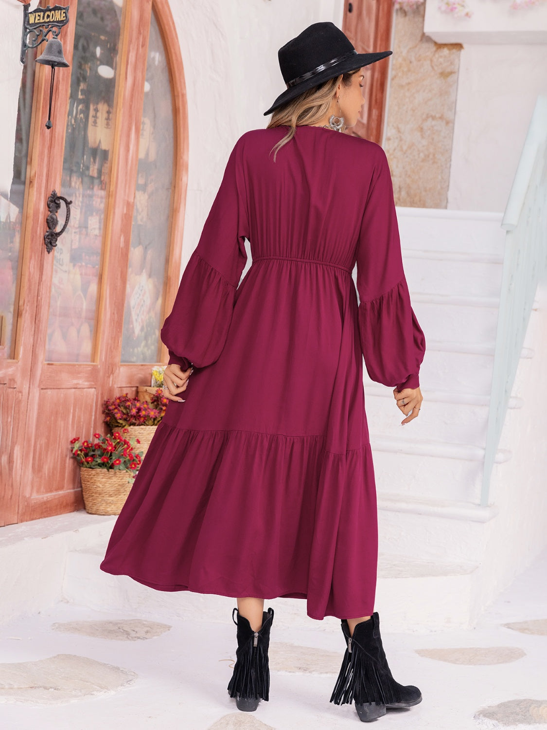 V-Neck Lantern Sleeve Ruffle Hem Dress-Angel Casuals