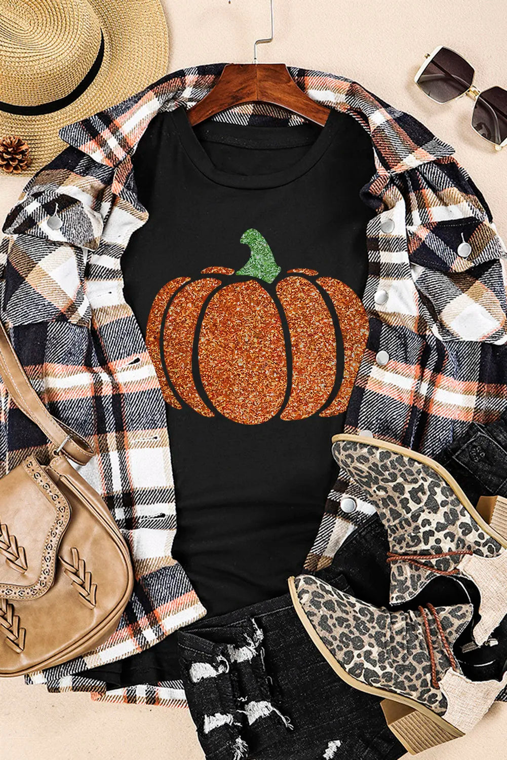 Glitter Pumpkin Round Neck Short Sleeve T-Shirt-Angel Casuals