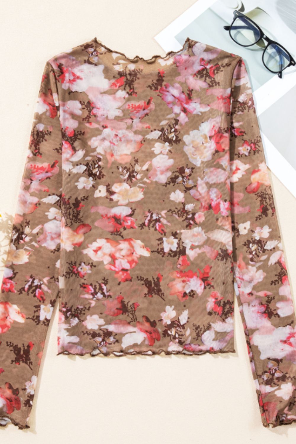 Floral Mock Neck Long Sleeve Sheer Top-Angel Casuals