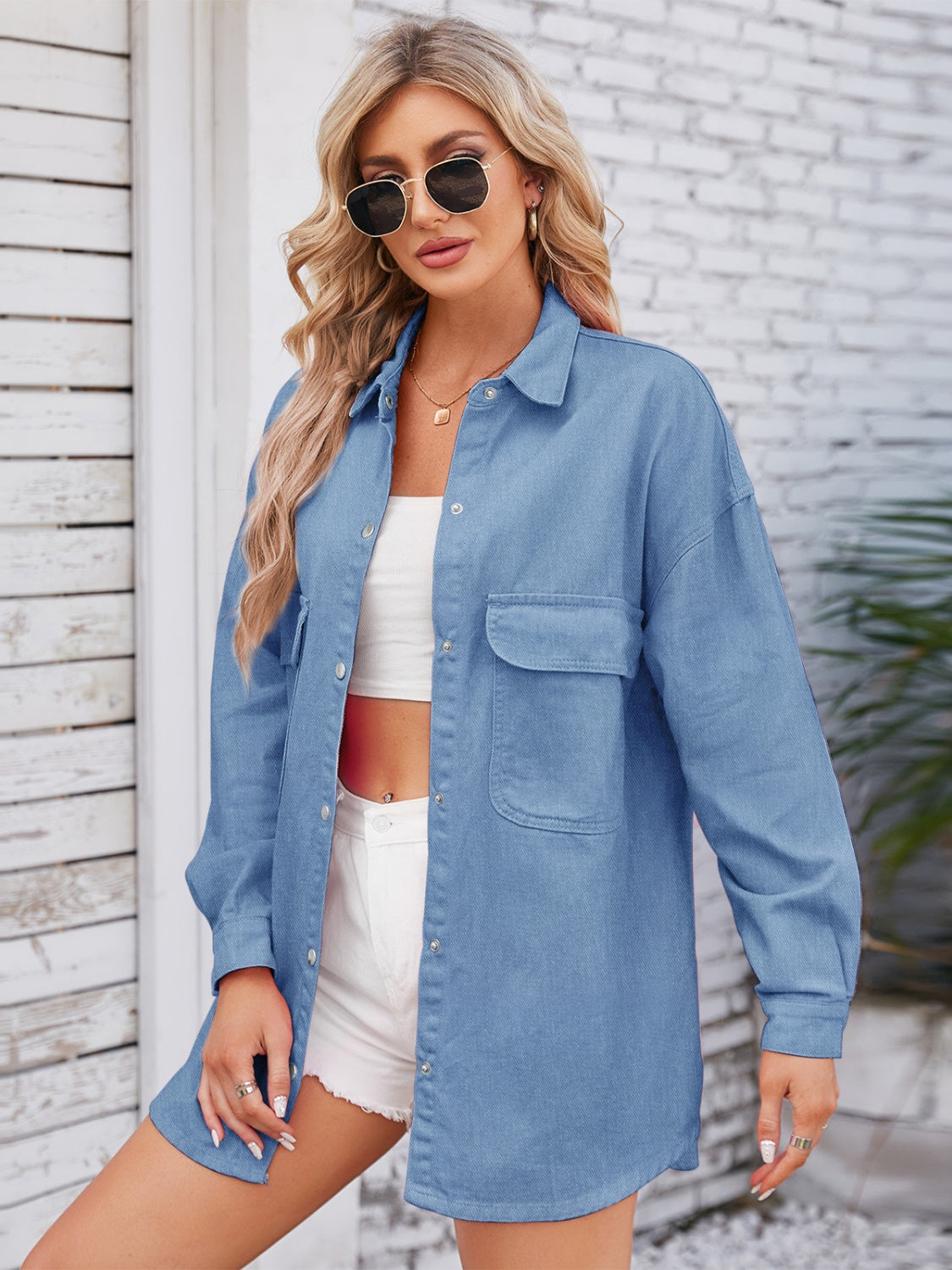 Pocketed Snap Down Dropped Shoulder Denim Shacket-Angel Casuals