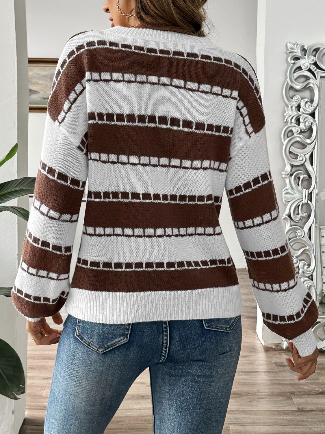 Striped Round Neck Long Sleeve Sweater-Angel Casuals