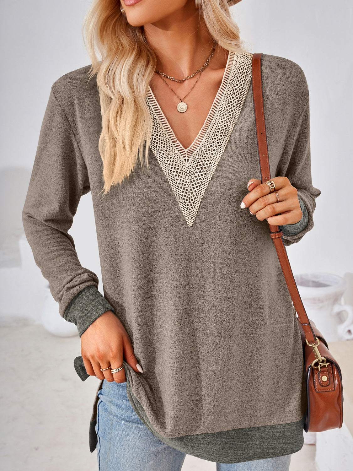 Crochet Contrast V-Neck Long Sleeve Slit T-Shirt-Angel Casuals