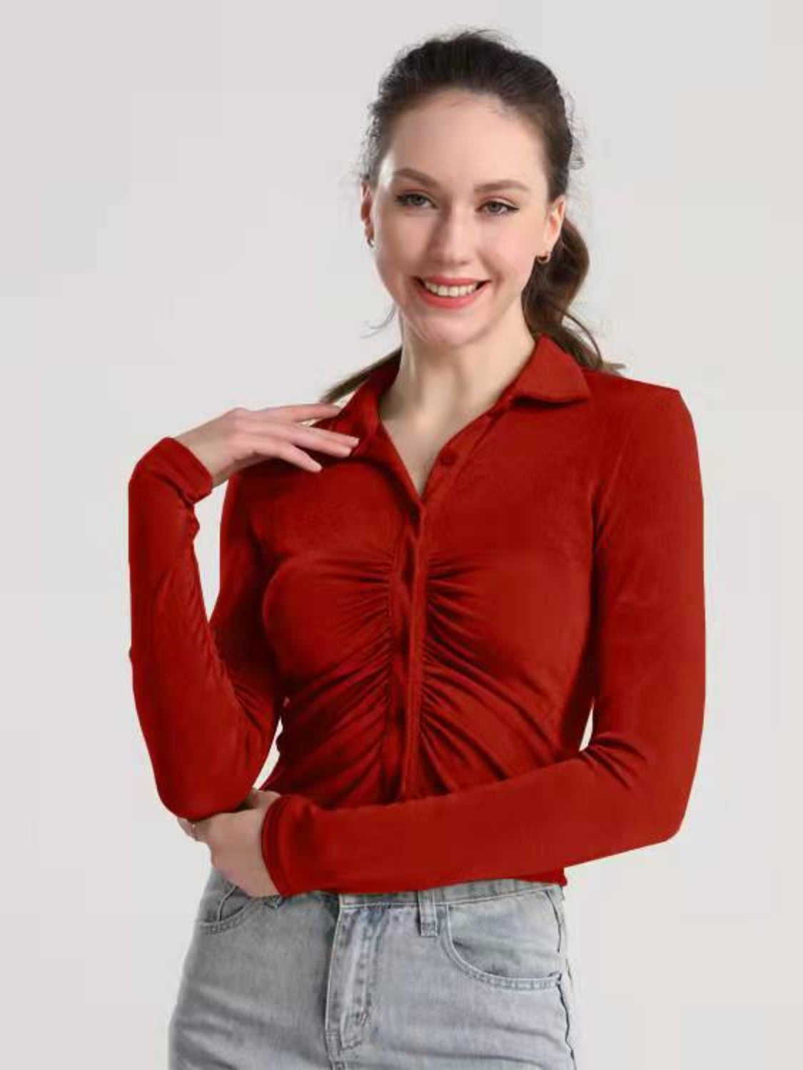 Ruched Button Up Long Sleeve T-Shirt-Angel Casuals
