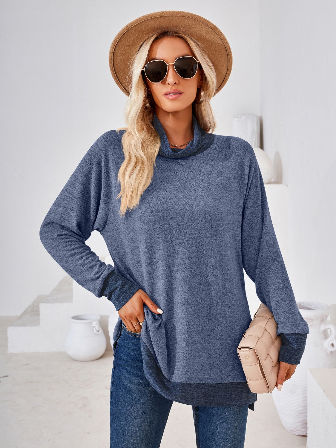 Contrast Mock Neck Long Sleeve T-Shirt-Angel Casuals
