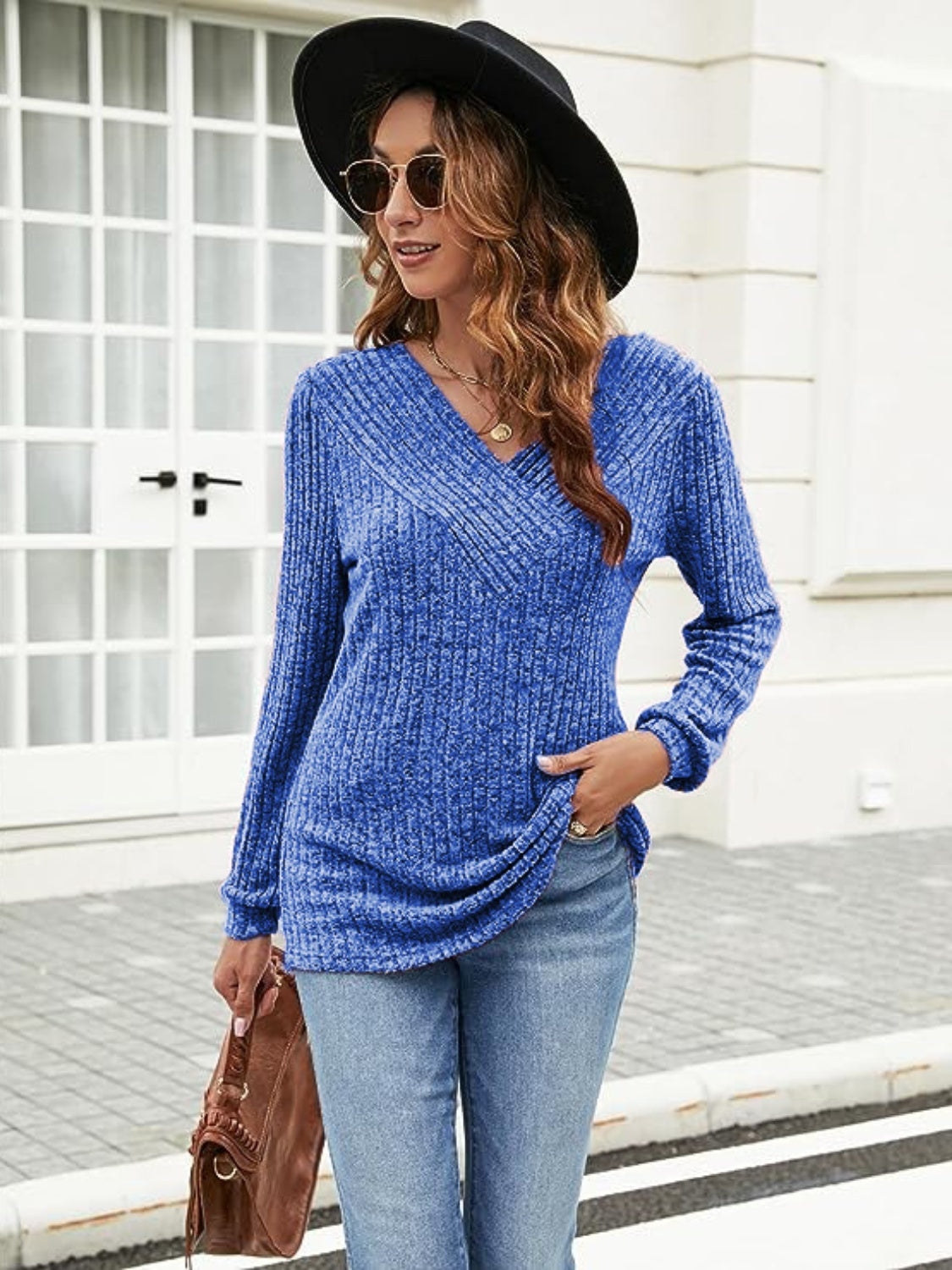 Ribbed Surplice Long Sleeve T-Shirt-Angel Casuals
