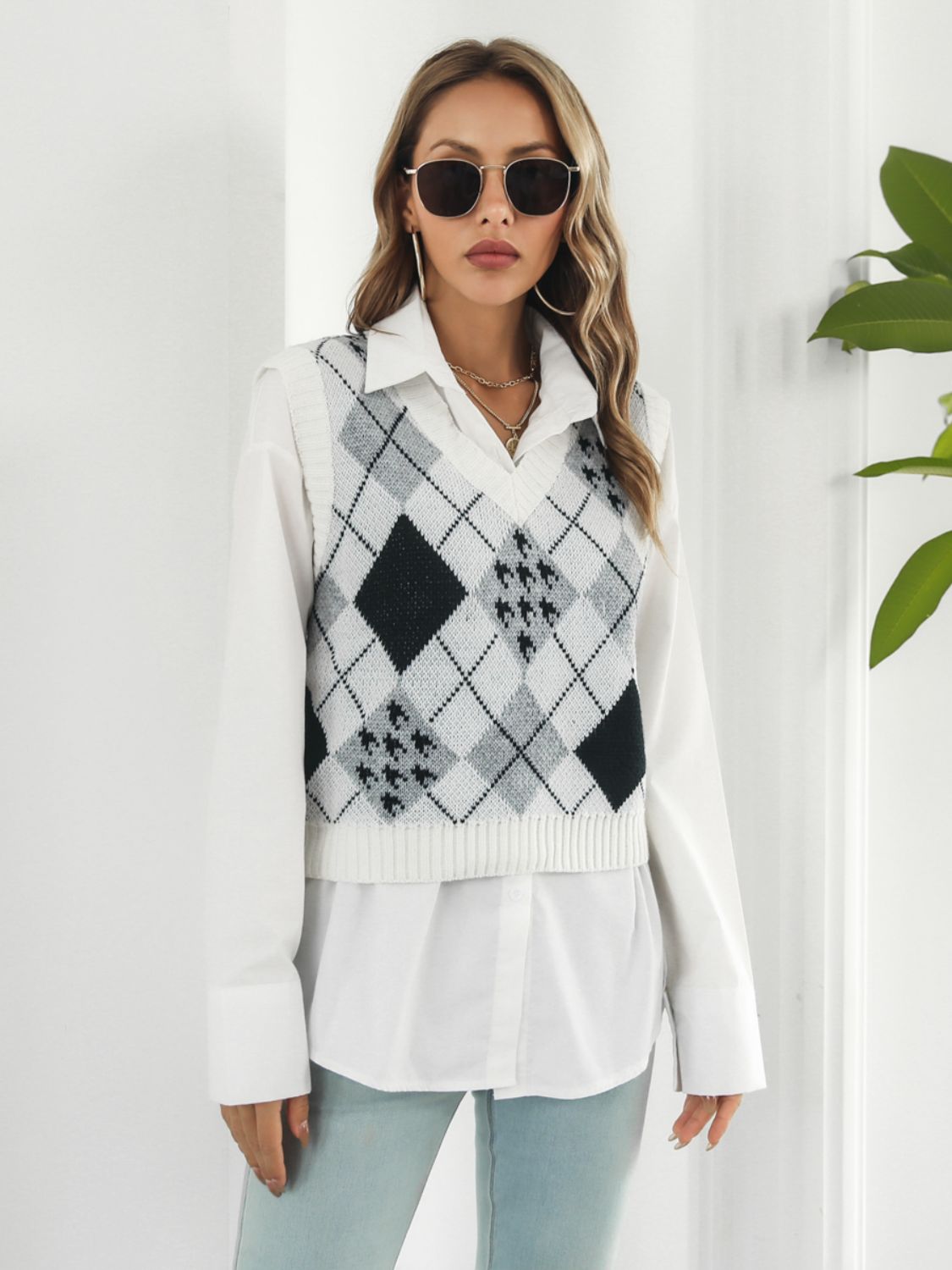 V-Neck Plaid Sweater Vest-Angel Casuals